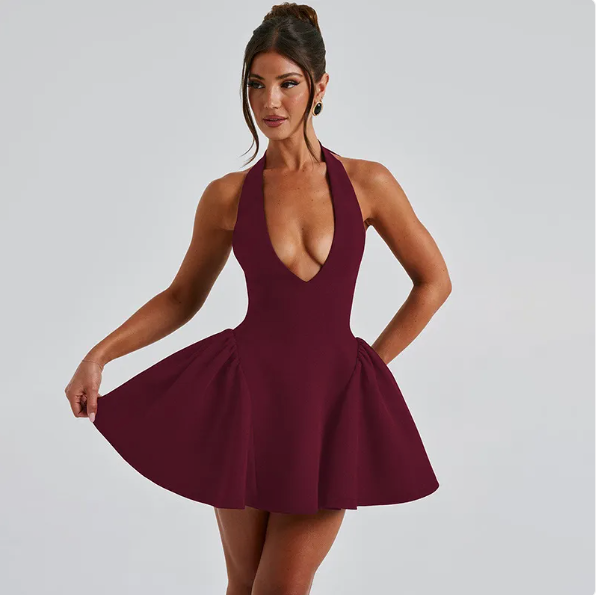 Deep V Neck Halter Dress with a Slim Flattering Fit for Fuller Busts