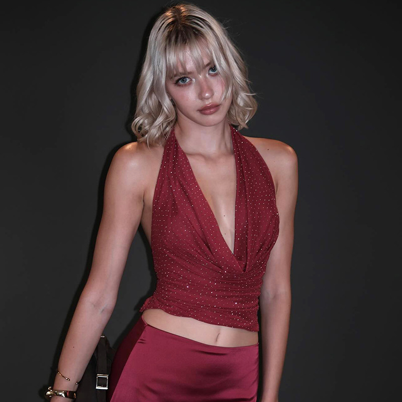 Deep V Lace Up Halter Vest with a Bold Neckline for Fuller Busts