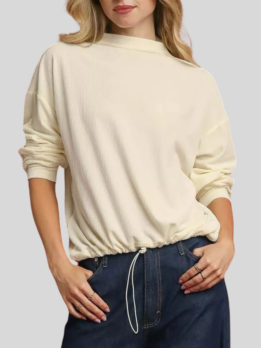 Umgee Ribbed Drawstring Hem Knit Top