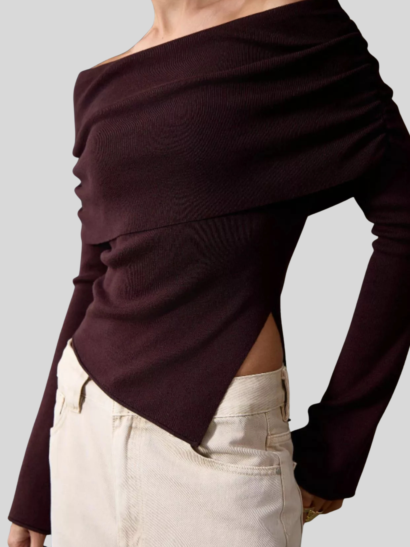 Asymmetrical Hem Off-Shoulder Long Sleeve Knit Top