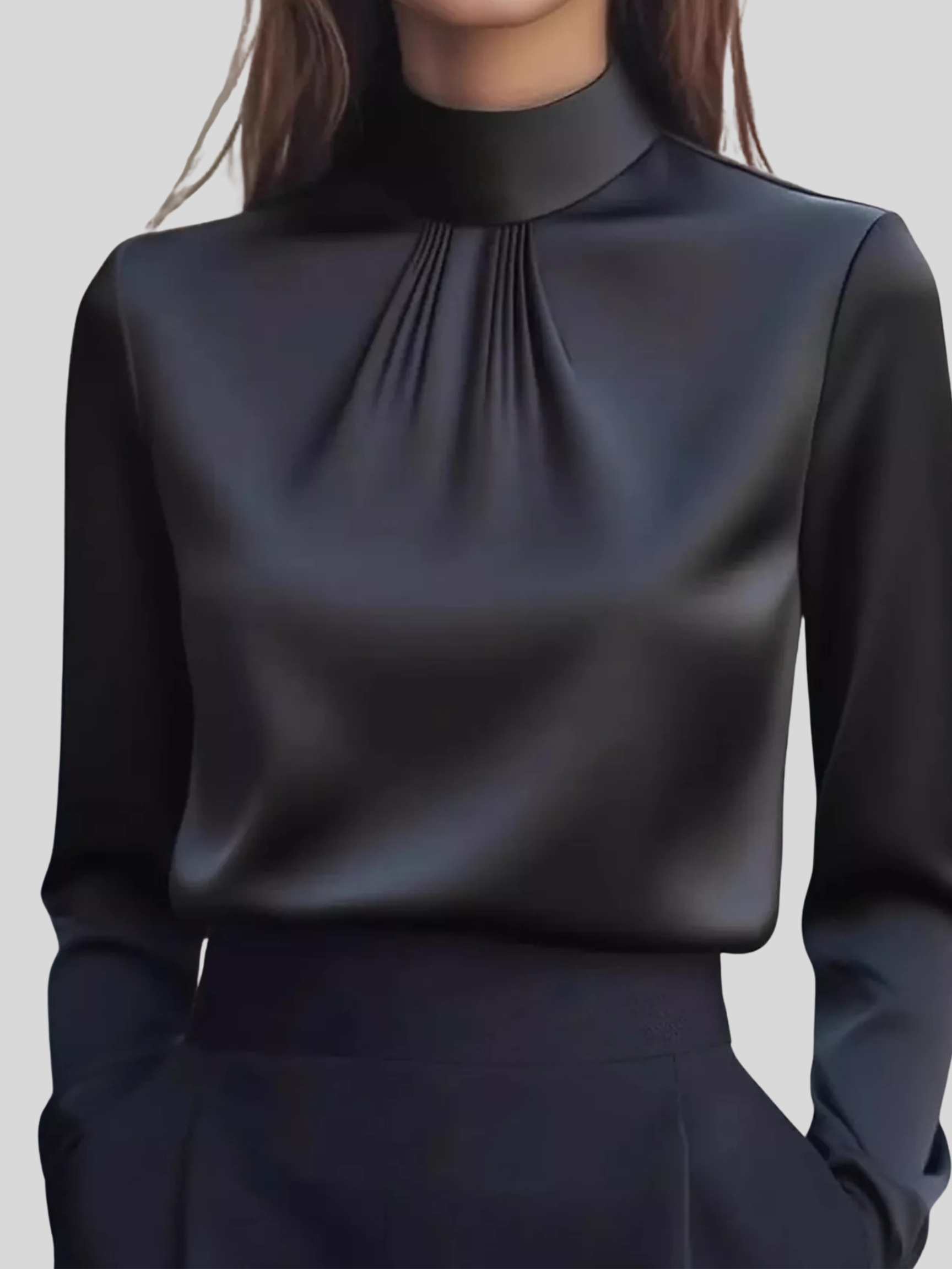 Mock Neck Long Sleeve Blouse with Pleated Detail